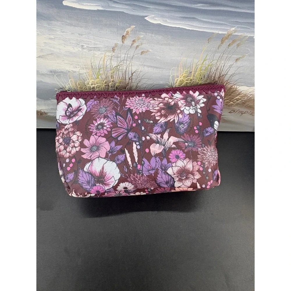 Sakroots Floral Butterfly Makeup Cosmetic Bag Pouch Purple Pink Coated Canvas